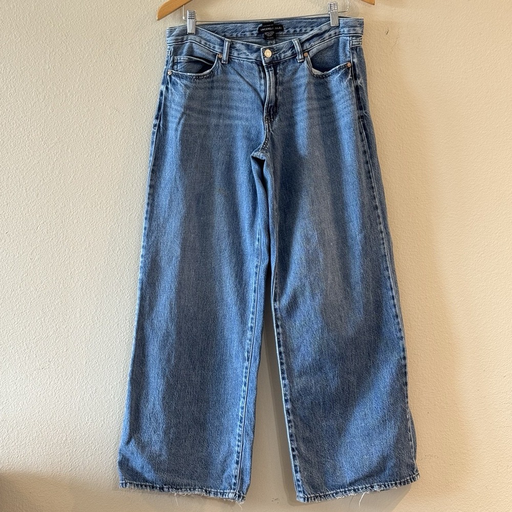Sincerely Jules Jeans 29 High Rise Wide Leg Raw Hem Frayed Medium Wash Denim